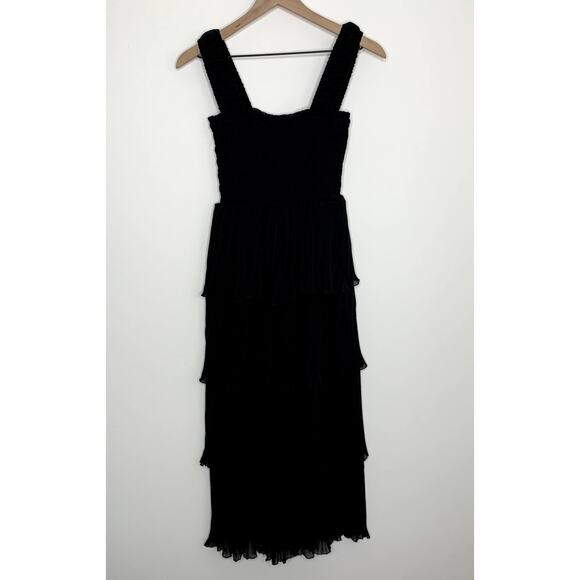 GANNI Pleated Georgette Flounce Smock Midi Dress Black Womens Size 32 New - Picture 2 of 16